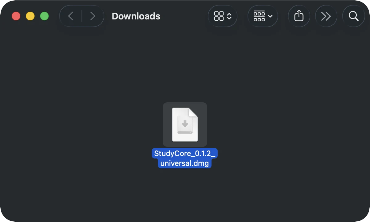 Finder met de map Downloads en het bestand StudyCore_0.1.2_universal.dmg