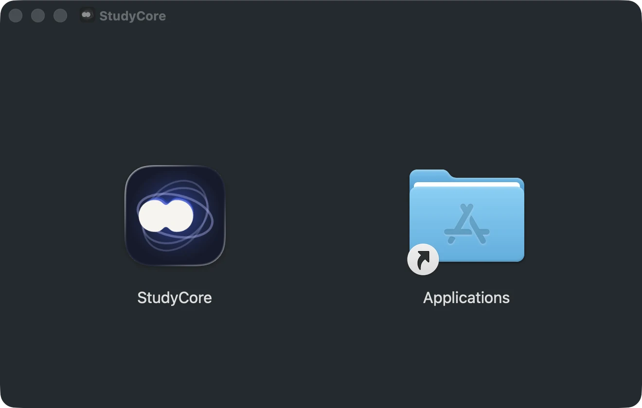 Het StudyCore-venster met links de app en rechts de map Applications