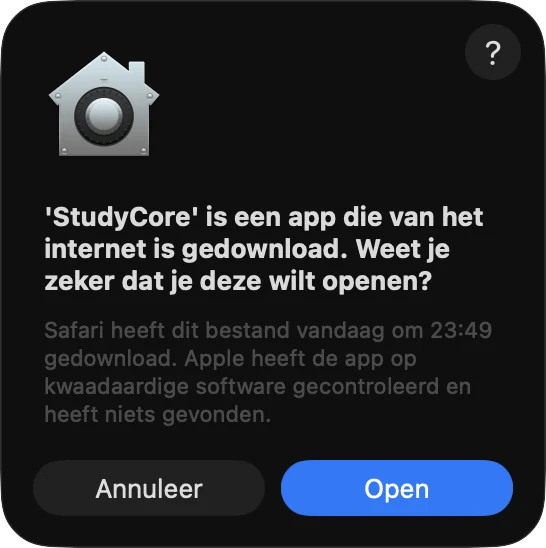 Melding van macOS: StudyCore is een app die van het internet is gedownload, met de knoppen Annuleer en Open